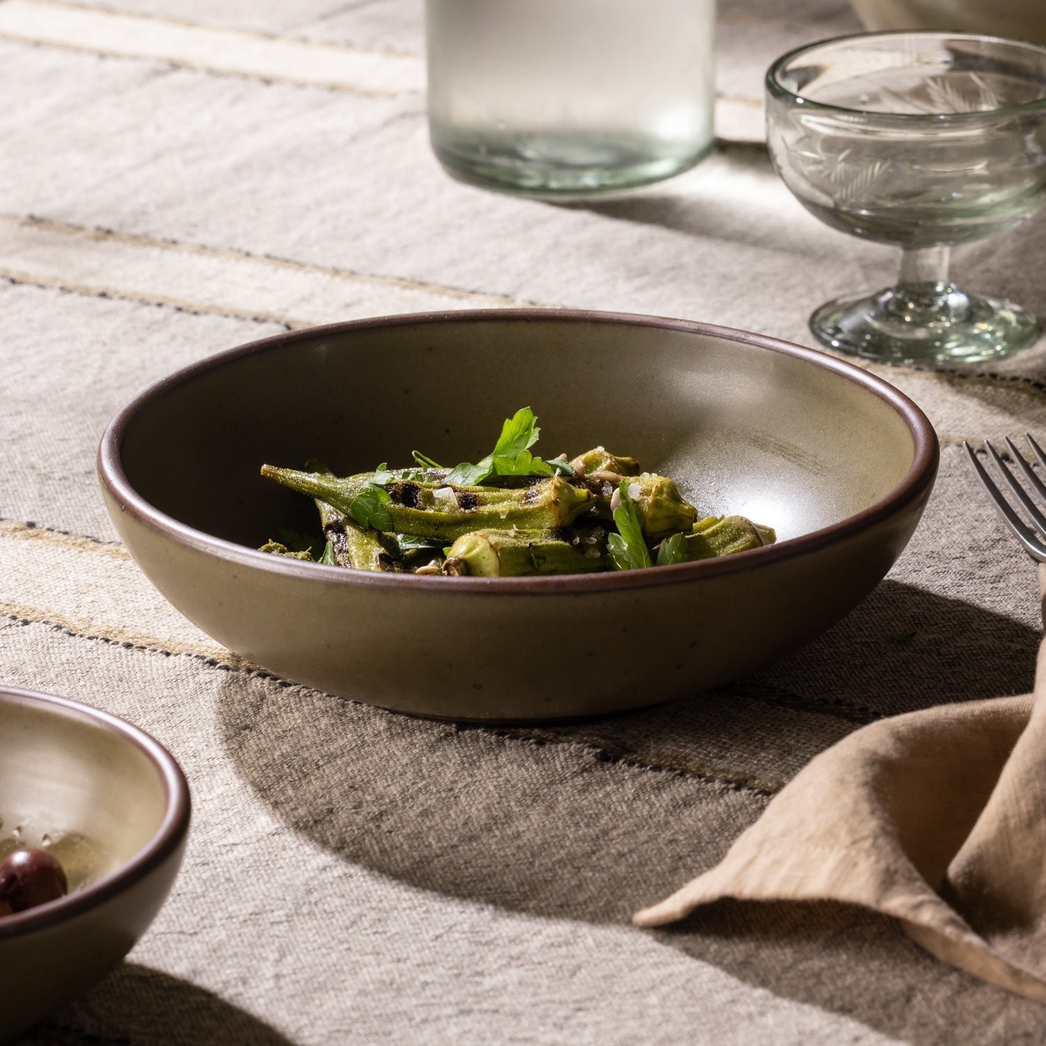 Lunessia daily bowl in Pine Green, close view with vegetables