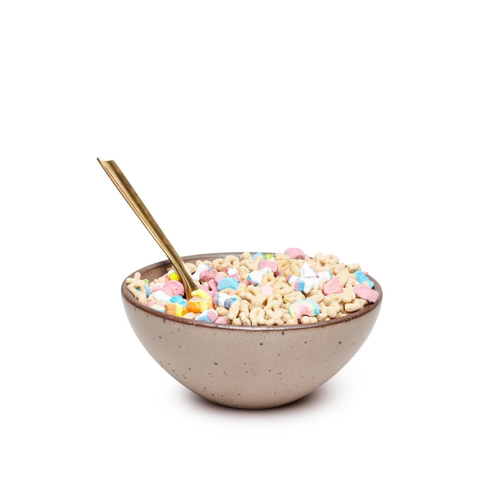 Lunessia soup bowl in Warm Taupe, shown with cereal and a spoon